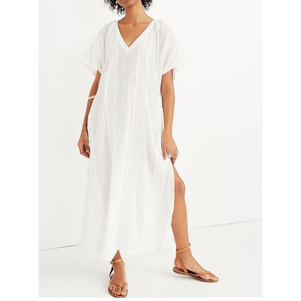 Madewell White Maxi Swim Coverup with V-Neck and Side Slits